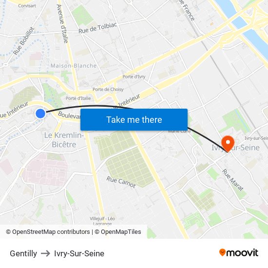 Gentilly to Ivry-Sur-Seine map