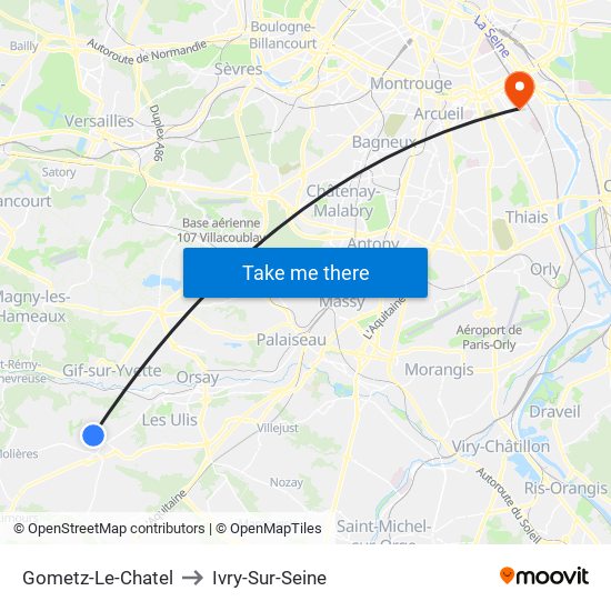 Gometz-Le-Chatel to Ivry-Sur-Seine map