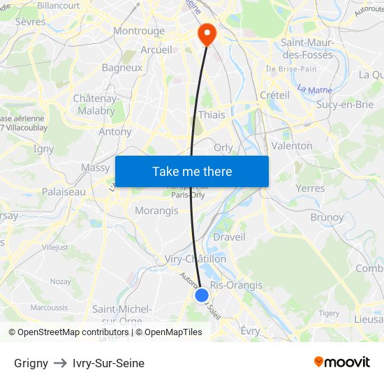 Grigny to Ivry-Sur-Seine map