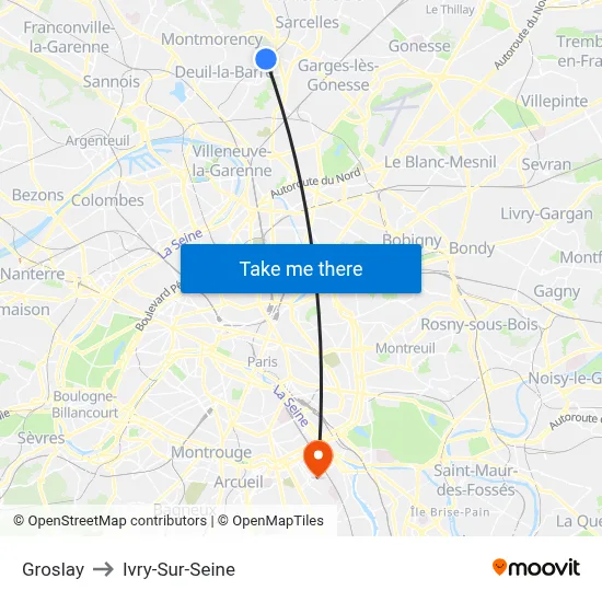 Groslay to Ivry-Sur-Seine map