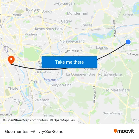 Guermantes to Ivry-Sur-Seine map