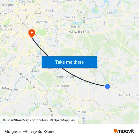 Guignes to Ivry-Sur-Seine map