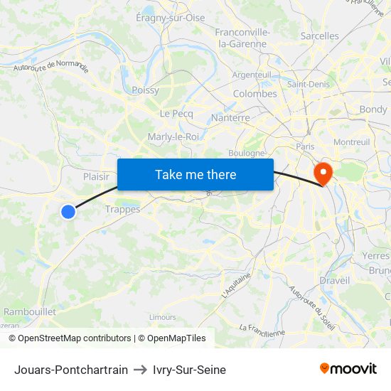 Jouars-Pontchartrain to Ivry-Sur-Seine map