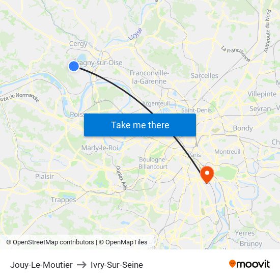 Jouy-Le-Moutier to Ivry-Sur-Seine map