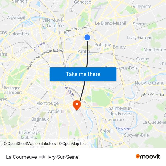 La Courneuve to Ivry-Sur-Seine map