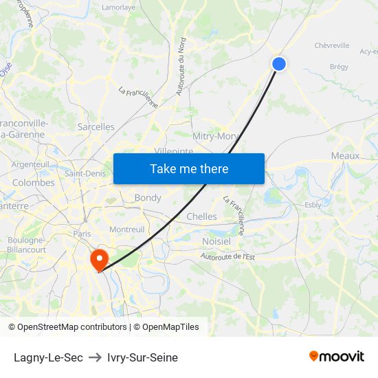 Lagny-Le-Sec to Ivry-Sur-Seine map