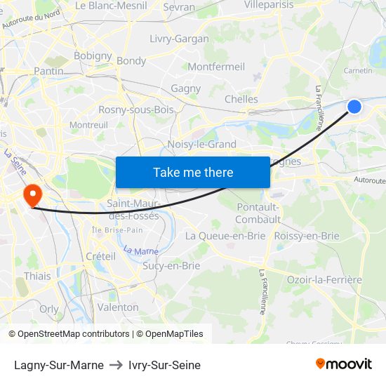 Lagny-Sur-Marne to Ivry-Sur-Seine map