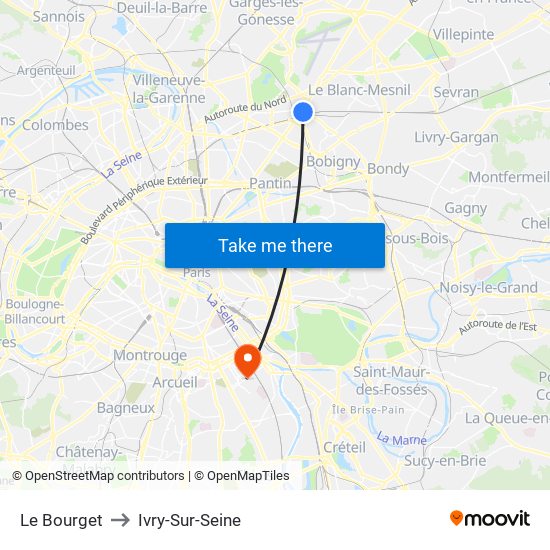 Le Bourget to Ivry-Sur-Seine map