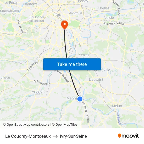 Le Coudray-Montceaux to Ivry-Sur-Seine map