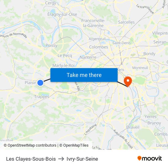 Les Clayes-Sous-Bois to Ivry-Sur-Seine map