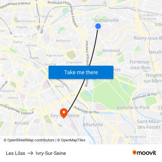 Les Lilas to Ivry-Sur-Seine map