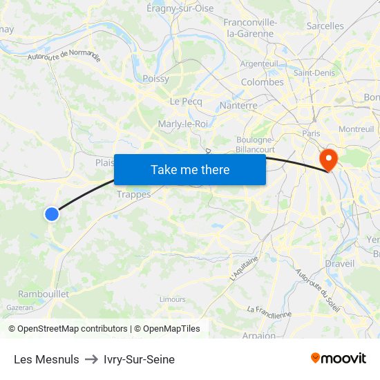 Les Mesnuls to Ivry-Sur-Seine map