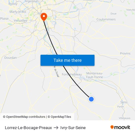 Lorrez-Le-Bocage-Preaux to Ivry-Sur-Seine map