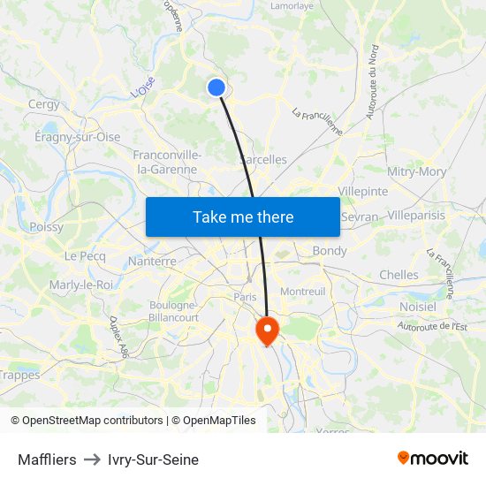 Maffliers to Ivry-Sur-Seine map