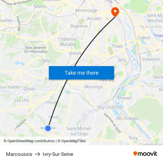 Marcoussis to Ivry-Sur-Seine map