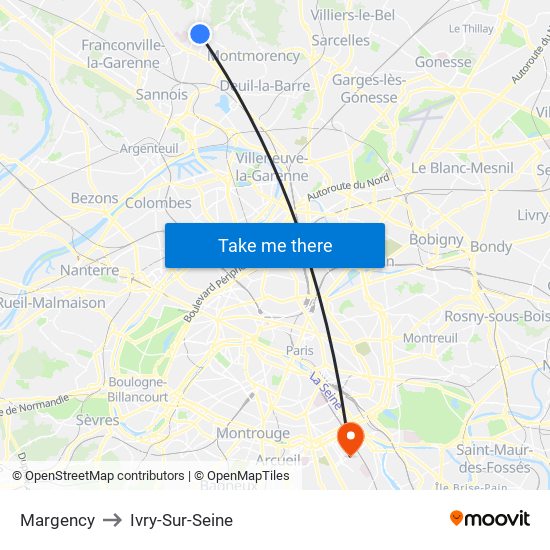 Margency to Ivry-Sur-Seine map