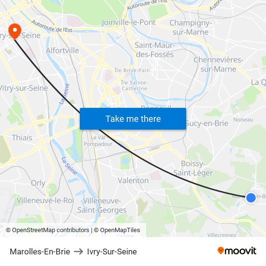 Marolles-En-Brie to Ivry-Sur-Seine map