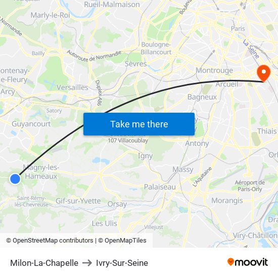 Milon-La-Chapelle to Ivry-Sur-Seine map
