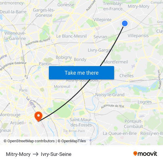 Mitry-Mory to Ivry-Sur-Seine map