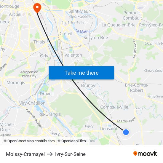 Moissy-Cramayel to Ivry-Sur-Seine map