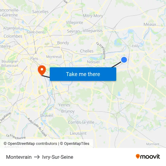 Montevrain to Ivry-Sur-Seine map