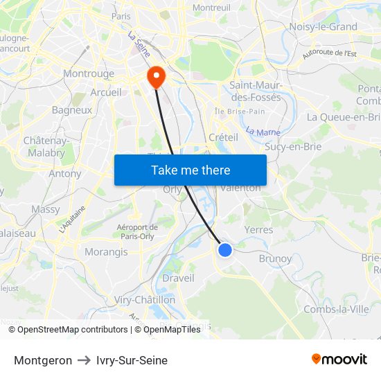 Montgeron to Ivry-Sur-Seine map