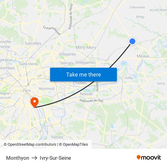 Monthyon to Ivry-Sur-Seine map