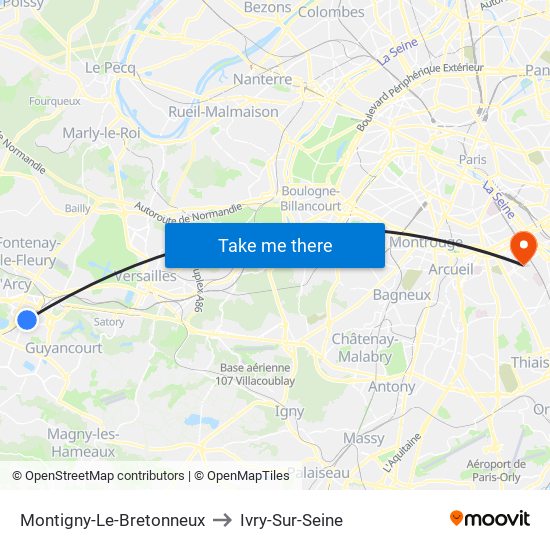 Montigny-Le-Bretonneux to Ivry-Sur-Seine map