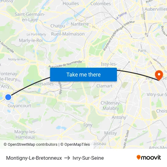 Montigny-Le-Bretonneux to Ivry-Sur-Seine map
