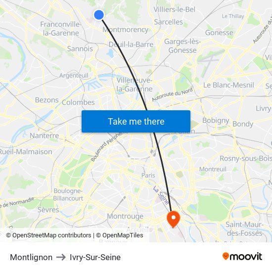 Montlignon to Ivry-Sur-Seine map