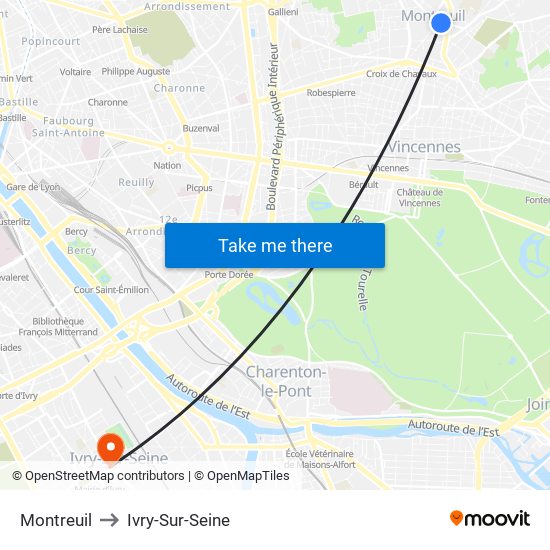 Montreuil to Ivry-Sur-Seine map