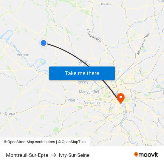 Montreuil-Sur-Epte to Ivry-Sur-Seine map