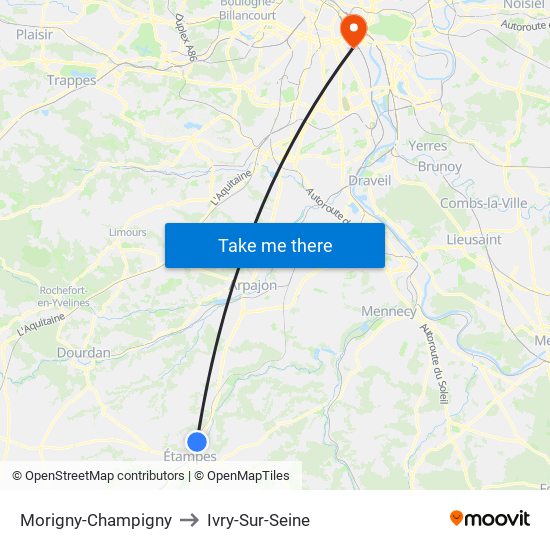 Morigny-Champigny to Ivry-Sur-Seine map
