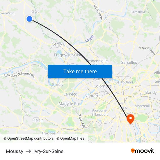 Moussy to Ivry-Sur-Seine map
