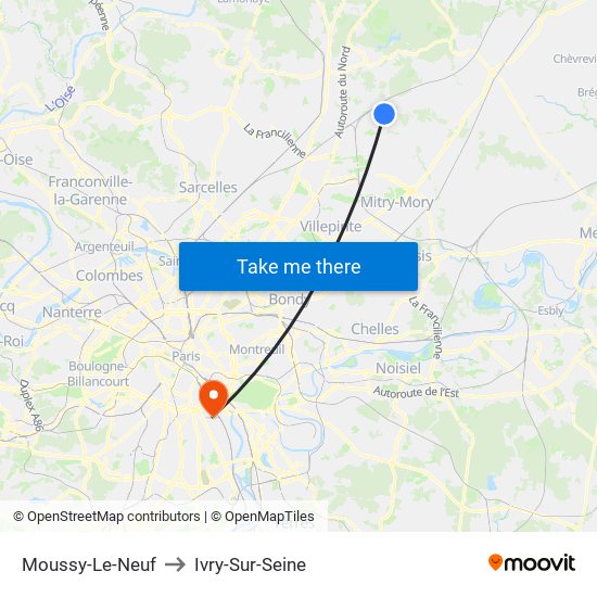 Moussy-Le-Neuf to Ivry-Sur-Seine map