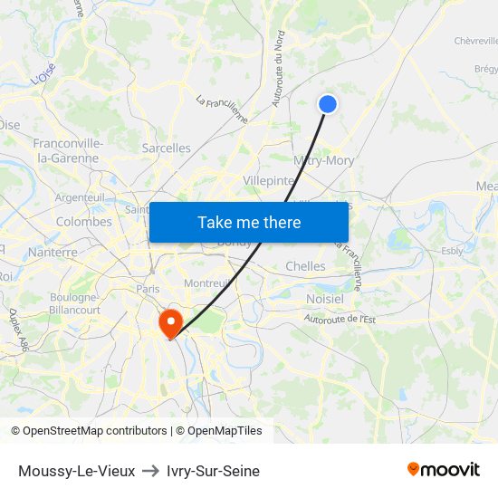 Moussy-Le-Vieux to Ivry-Sur-Seine map