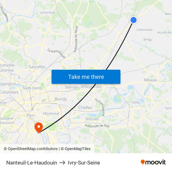 Nanteuil-Le-Haudouin to Ivry-Sur-Seine map