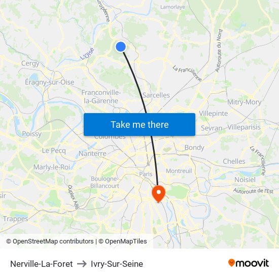 Nerville-La-Foret to Ivry-Sur-Seine map