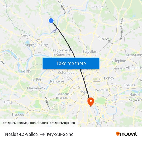 Nesles-La-Vallee to Ivry-Sur-Seine map