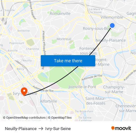 Neuilly-Plaisance to Ivry-Sur-Seine map