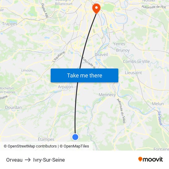 Orveau to Ivry-Sur-Seine map