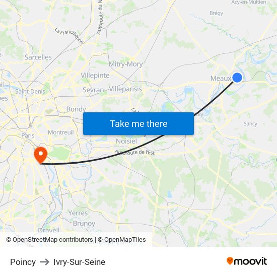 Poincy to Ivry-Sur-Seine map