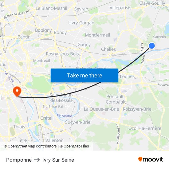 Pomponne to Ivry-Sur-Seine map