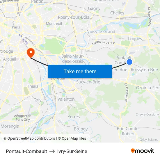 Pontault-Combault to Ivry-Sur-Seine map