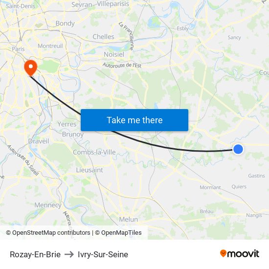 Rozay-En-Brie to Ivry-Sur-Seine map