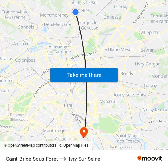 Saint-Brice-Sous-Foret to Ivry-Sur-Seine map
