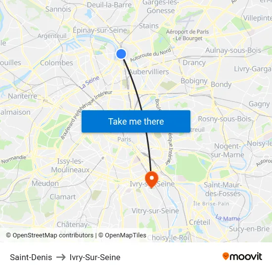 Saint-Denis to Ivry-Sur-Seine map