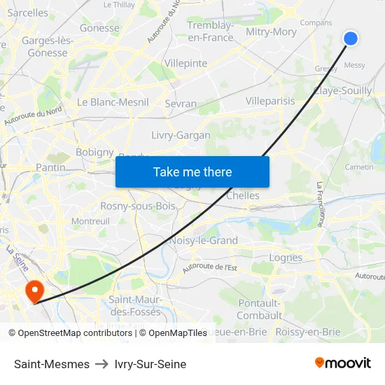 Saint-Mesmes to Ivry-Sur-Seine map