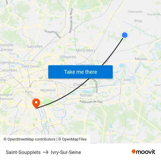 Saint-Soupplets to Ivry-Sur-Seine map