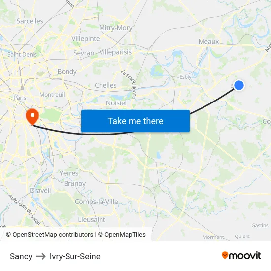 Sancy to Ivry-Sur-Seine map